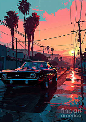 City Scenes Drawings - View 1969 Chevrolet Camaro Z 28 Rally Sport muscle car sunset by Lowell Harann