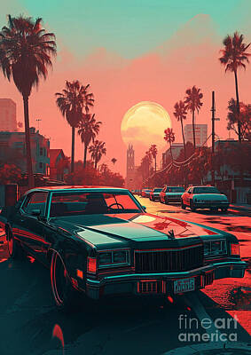 City Scenes Drawings - View Buick Special classic car sunset by Lowell Harann