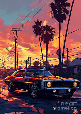 Cities Drawings - View Chevrolet Camaro Berlinetta classic car sunset by Lowell Harann