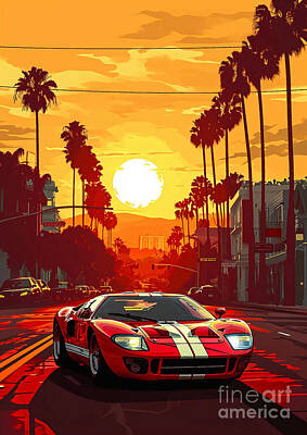 City Scenes Drawings - View Ford GT40 classic car sunset by Lowell Harann