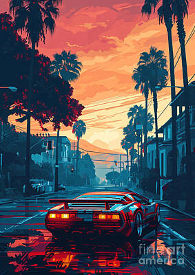 City Scenes Drawings - View Gumpert Apollo sport car sunset by Lowell Harann