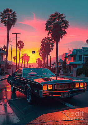 City Scenes Drawings - View Mercury Cougar classic car sunset by Lowell Harann