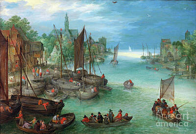 City Scenes Paintings - View of a City along a River - Jan Brueghel The Elder  by Sad Hill - Bizarre Los Angeles Archive