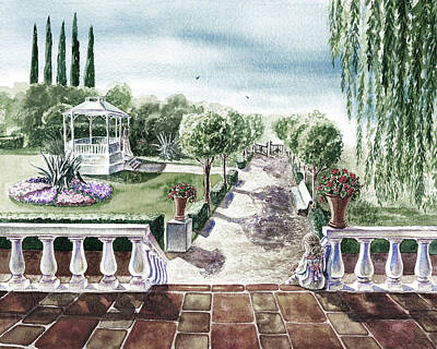 Lake Life Royalty Free Images - View Of The Garden From Terrace Watercolor   Royalty-Free Image by Irina Sztukowski