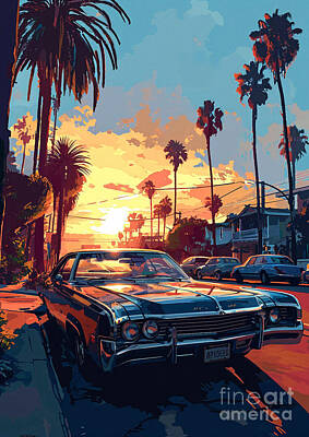 City Scenes Drawings - View Plymouth Fury classic car sunset by Lowell Harann