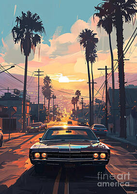 City Scenes Drawings - View Plymouth Volare classic car sunset by Lowell Harann