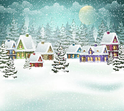 Landscapes Drawings - Village winter landscape with snow covered houses and christmas tree with decorations by Julien