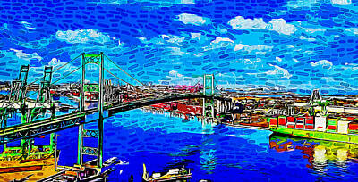 Impressionism Royalty-Free and Rights-Managed Images - Vincent Thomas Bridge, Los Angeles, California - impressionist painting by Nicko Prints