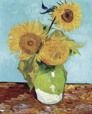 Sunflowers Royalty-Free and Rights-Managed Images - Vincent van Goghs Vase with Three Sunflowers - Circa 1888 by Vincent Van Gogh