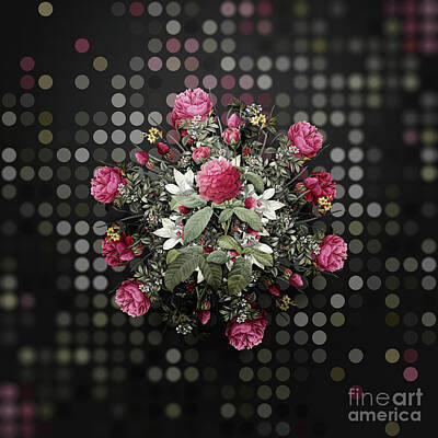 Floral Paintings - Vintage Agatha Rose in Bloom Flower Wreath on Bokeh Dot Pattern n.0855 by Holy Rock Design