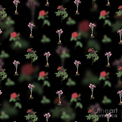 Florals Mixed Media - Vintage Autumn Crocus Floral Garden Pattern on Black n.0183 by Holy Rock Design