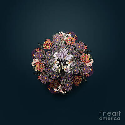 Floral Paintings - Vintage Autumn Crocus Floral Wreath on Teal Blue n.0560 by Holy Rock Design