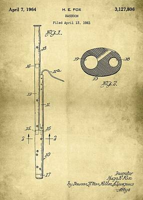 Musician Drawings - Vintage Bassoon Patent Artwork by Lauren Blessinger