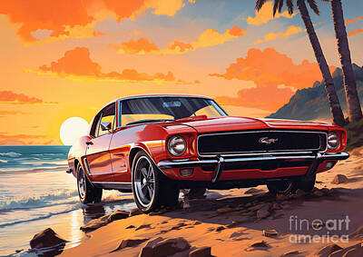 Beach Rights Managed Images - Vintage beach 1968 Chevrolet Camaro Z 28 car at sunset Royalty-Free Image by Destiney Sullivan