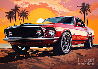 Valentines Day - Vintage beach 1969 Ford Mustang Mach 1 390 car at sunset by Destiney Sullivan