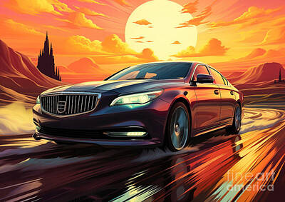 Sports Drawings - Vintage beach Cadillac CT5 Sport car at sunset by Destiney Sullivan