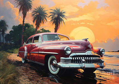 Landscapes Drawings - Vintage beach Oldsmobile Ninety-Eight car at sunset by Destiney Sullivan