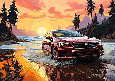 Landscapes Drawings - Vintage beach Subaru Legacy B4 RSK car at sunset by Destiney Sullivan