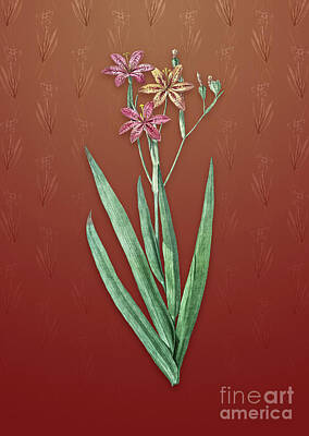 Lilies Mixed Media - Vintage Blackberry Lily Botanical Art on Falu Red Pattern n.4401 by Holy Rock Design