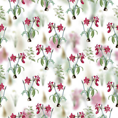Florals Mixed Media - Vintage Brazilian Amaryllis Floral Garden Pattern on White n.0198 by Holy Rock Design