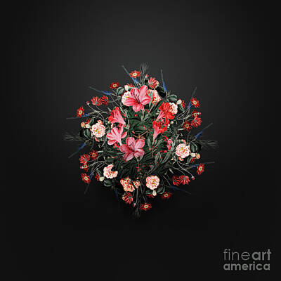 Floral Paintings - Vintage Brick Red Chinese Azalea Floral Wreath on Wrought Iron Black n.0780 by Holy Rock Design