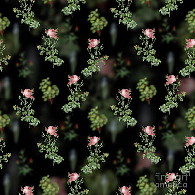 Firefighter Patents - Vintage Celery Leaved Cabbage Rose Floral Garden Pattern on Black n.0243 by Holy Rock Design