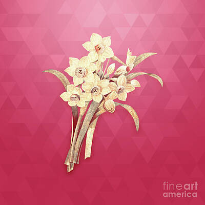 Lilies Mixed Media - Vintage Chinese Sacred Lily in Gold on Viva Magenta by Holy Rock Design