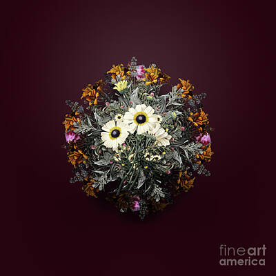 Paintings - Vintage Chrysanthemum Flower Wreath on Wine Red n.4139 by Holy Rock Design