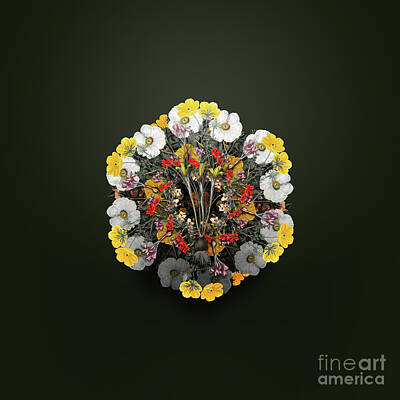 Floral Paintings - Vintage Cloth of Gold Crocus Floral Wreath on Olive Green n.0155 by Holy Rock Design