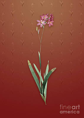 Lilies Mixed Media - Vintage Corn Lily Botanical Art on Falu Red Pattern n.5236 by Holy Rock Design