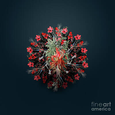 Floral Paintings - Vintage Crimson Glory Pea Floral Wreath on Teal Blue n.0596 by Holy Rock Design