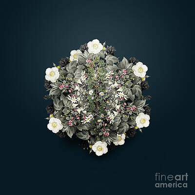 Roses Paintings - Vintage Cuspidate Rose Flower Wreath on Teal Blue n.4794 by Holy Rock Design