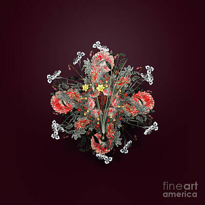 Floral Paintings - Vintage Daffodil Floral Wreath on Wine Red n.4379 by Holy Rock Design