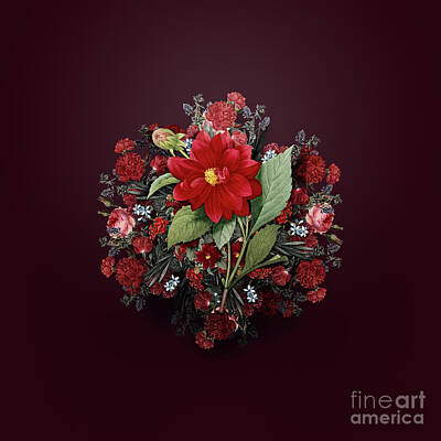 Wine Royalty-Free and Rights-Managed Images - Vintage Double Dahlias Flower Wreath on Wine Red n.1603 by Holy Rock Design