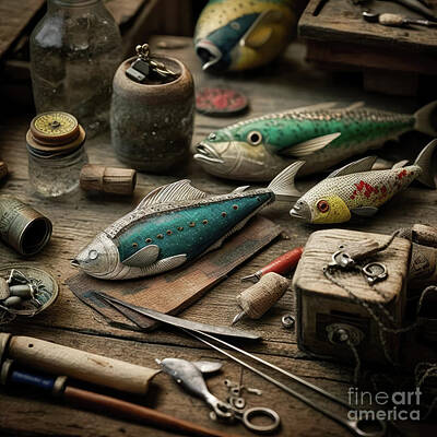 Still Life Rights Managed Images - Vintage Fishing lures on Work Bench Royalty-Free Image by Cindy Shebley
