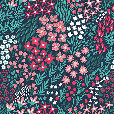 Floral Digital Art - Vintage flower seamless pattern. Endless repeated texture with flowers,  leaves,  branches. Floral background.  by Julien