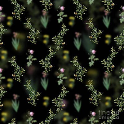 Florals Mixed Media - Vintage Goji Berry Floral Garden Pattern on Black n.0189 by Holy Rock Design