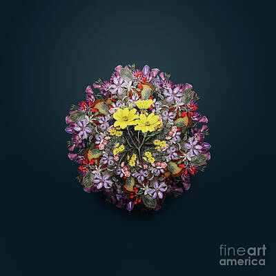 Floral Paintings - Vintage Golden Coreopsis Floral Wreath on Teal Blue n.0062 by Holy Rock Design