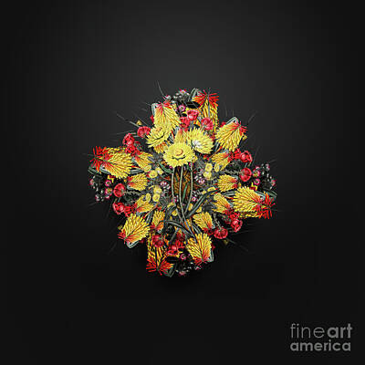 Floral Paintings - Vintage Helichrysum Flower Branch Floral Wreath on Wrought Iron Black n.0786 by Holy Rock Design