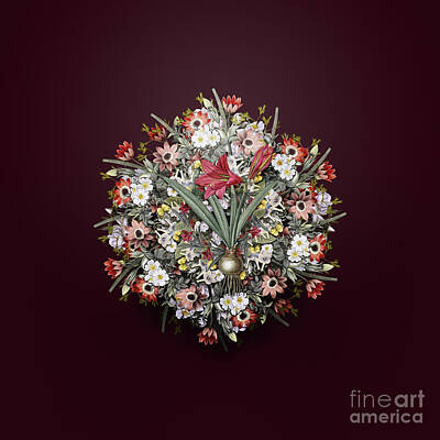 Wine Royalty-Free and Rights-Managed Images - Vintage Hippeastrum Flower Wreath on Wine Red n.0559 by Holy Rock Design