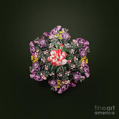Floral Paintings - Vintage Japanese Camelia Floral Wreath on Olive Green n.0521 by Holy Rock Design