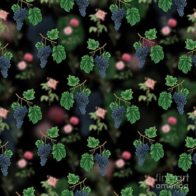 Florals Mixed Media - Vintage Lacrima Grapes Floral Garden Pattern on Black n.0185 by Holy Rock Design