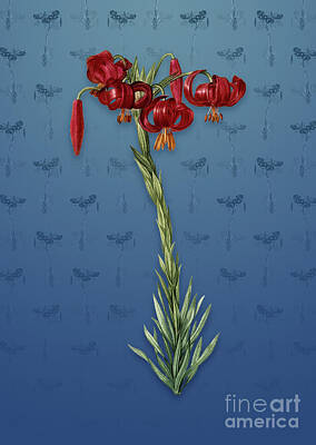 Lilies Mixed Media - Vintage Lily Botanical Art on Bahama Blue Pattern n.4830 by Holy Rock Design