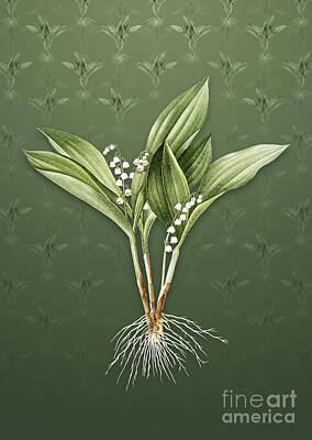 Lilies Mixed Media - Vintage Lily of the Valley Botanical Art on Lunar Green Pattern n.0165 by Holy Rock Design