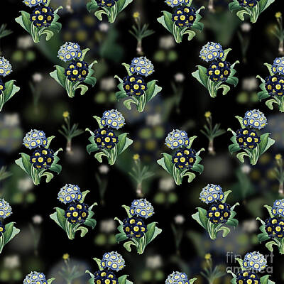 Mountain Mixed Media - Vintage Mountain Cowslip Floral Garden Pattern on Black n.0637 by Holy Rock Design