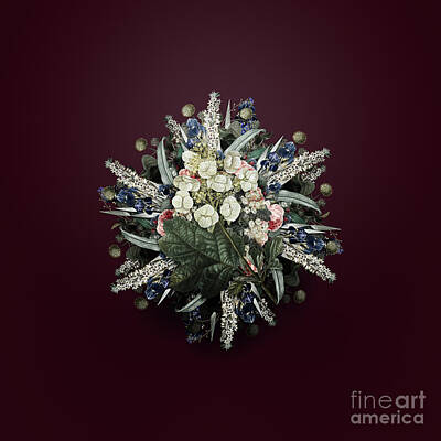 Wine Paintings - Vintage Oakleaf Hydrangea Flower Wreath on Wine Red n.2893 by Holy Rock Design
