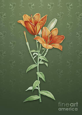 Lilies Mixed Media - Vintage Orange Bulbous Lily Botanical Art on Lunar Green Pattern n.0476 by Holy Rock Design