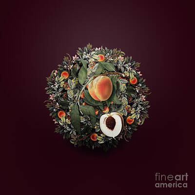 Food And Beverage Paintings - Vintage Peach Fruit Wreath on Wine Red n.1033 by Holy Rock Design