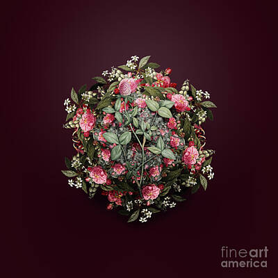 Wine Paintings - Vintage Pink Clover Flower Wreath on Wine Red n.3181 by Holy Rock Design