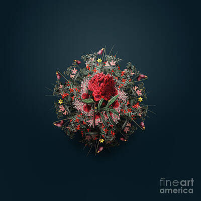 Floral Paintings - Vintage Potts Chinese Peony Floral Wreath on Teal Blue n.0146 by Holy Rock Design